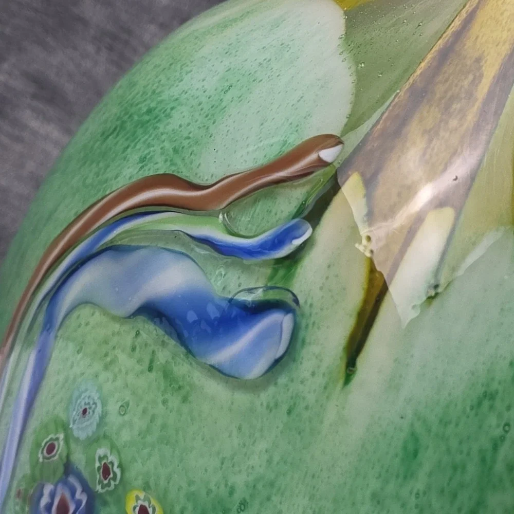 Murano Style Art Glass Vase Millefiori Yellow Green Double Handle Vase 11